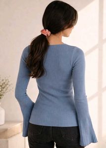 Blue Ribbed Ruched Flare Sleeve Top