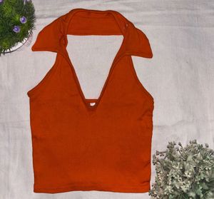 Orange Ribbed Halter Neck Top
