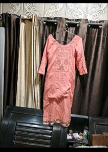 Peach Embroidered Kurta with Palazzo &amp; no  Dupatta