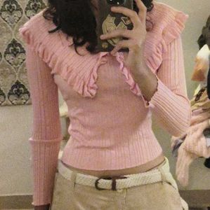 Pink Ribbed Ruffle Peter Pan Collar Top