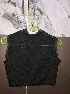 Black Lace Mock Neck Crop Top