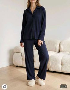 Shein Navy Textured Shirt & pyajama Nightsuit