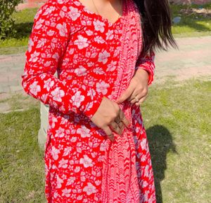 Vibrant Red Floral Kurta Set