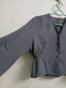 Chic Grey Peplum Button-Up Blouse