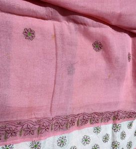 Pink Chikankari Floral Paisley Cotton Saree