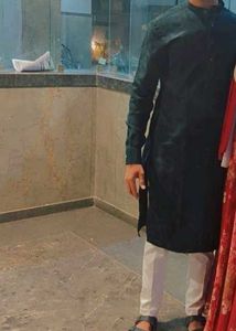 Mens Greenish Turquoise Kurta & White Pants Set