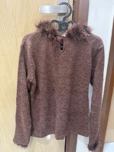 Brown Knit Top Fur Trim