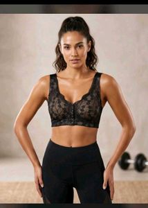 Black Lace Front Button Sports Bra