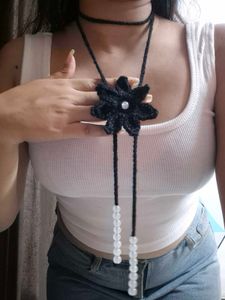 Crocheted Flower Bolo Necklace