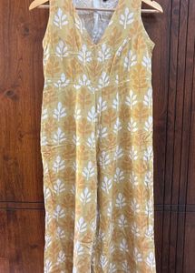 Yellow Leaf Print Sleeveless Jumpsuit
