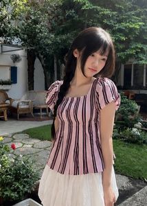 Cute Pink Striped Puff Sleeve Top