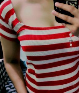 Red &amp; White Striped Lace Top