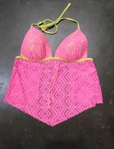Pink Crochet Halterneck Bikini Top