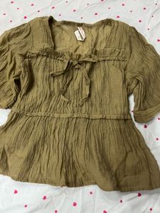 brown  Crinkled Tie-Neck Top