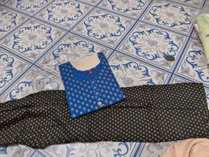 Blue Printed Kurta with Black Plazo