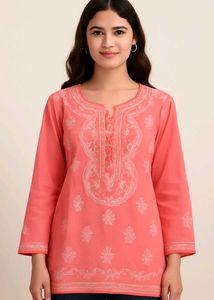Coral Elegance Embroidered Kurti 🧡🌿