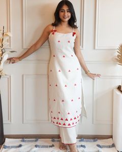 White Kurta Set with Red Heart Print
