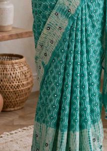 Elegant Teal Saree with Mirror Work
