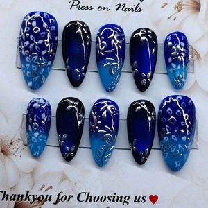 Press On Nails - Blue Ombre Floral