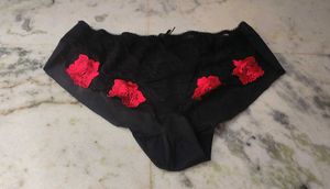 Black Lace Briefs with Red Floral Applique