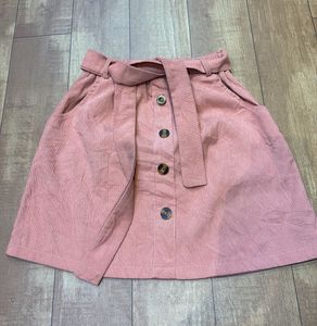 Pink Corduroy Button-Up Skirt with Belt