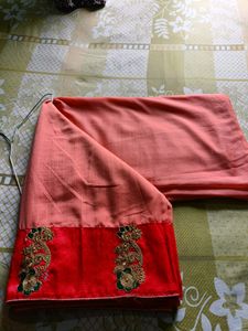 Elegant Peach &amp; Red Embroidered Saree