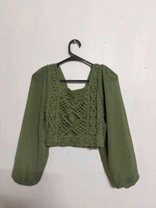 Green Crocheted Square Neck Puff Sleeve Top