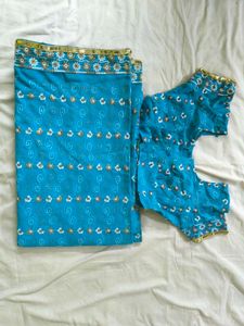 Beautiful Blue Saree with Floral Border