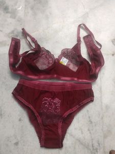 Net Bra Panty Lingerie Set Maroon Colour Size 34