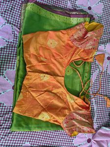 Green Saree with Orange Blouse