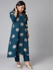 Teal Kurta with Golden Floral Print