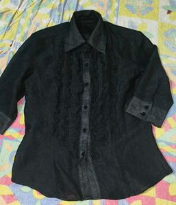 women's Black Embroidered Button-Up Shirt