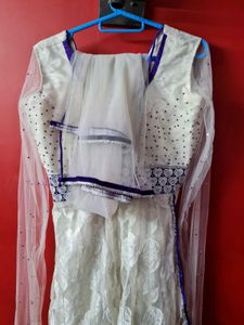 Elegant White &amp; Purple Anarkali Suit Gown