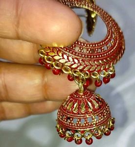 Red &amp; Golden Jhumki 2 Earing Studs