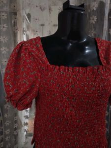 Red Floral Smocked Square Neck Top