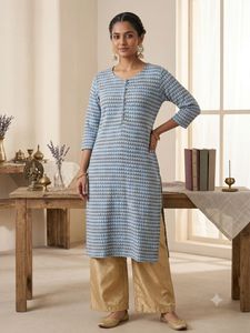 Chic Geometric Slate Blue Pure Cotton Straight Kur