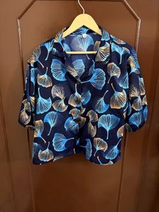Navy Blue Leaf Print Top