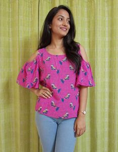 Pink Cold Shoulder Top with Bird Print