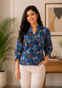 Blue Floral Print Kurta Top