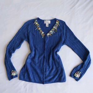 Blue Cardigan with Floral Embroidery&amp; Embel