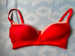 Vibrant Red Lace Trim Bra