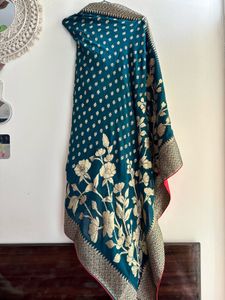 Teal Blue Bordered Saree with Gold Embroidery