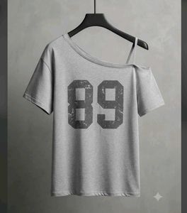 Grey "89" Graphic Print One-Shoulder Top