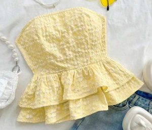 Yellow Floral Strapless Ruffle Top
