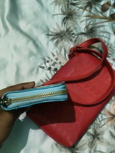 Stylish Red Shoulder Bag &amp; Wallet