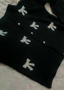 Bow Embellished Black Cardigan