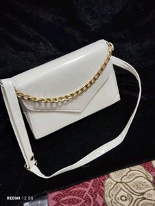 White Slingbag With Golden Chain For Girls And Wom