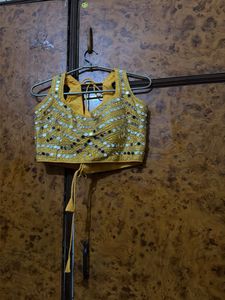 Yellow Mustard mirrorwork backless blouse