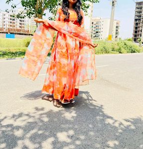 Orange Tie-Dye Anarkali Gown
