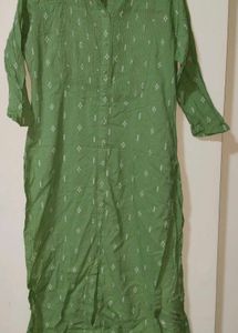 Green Printed Straight Kurti | Button-Down Cotton